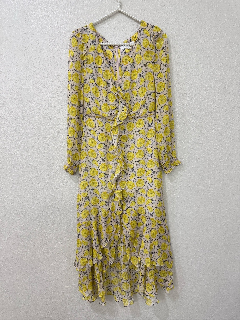 Intermix 100% Silk Floral Ruffle Midi Dress 0 Pink Yellow Romantic Wedding Guest